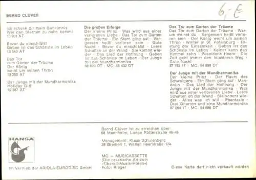 Ak Sänger Bernd Clover, Portrait, Autogramm