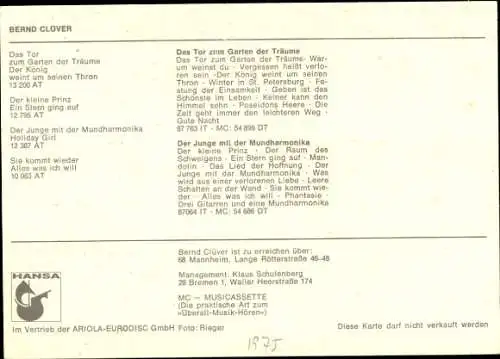 Ak Sänger Bernd Clover, Portrait, Autogramm