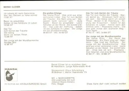 Ak Sänger Bernd Clover, Portrait, Autogramm