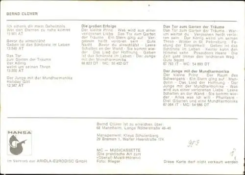 Ak Sänger Bernd Clover, Portrait, Autogramm