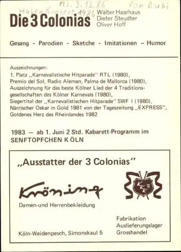 Ak Musikgruppe Die 3 Colonias, Portrait, Autogramme