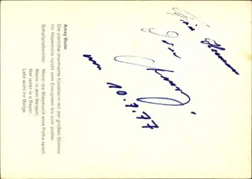 Ak Sängerin und Jodlerin Amsy Bode, Portrait, Autogramm