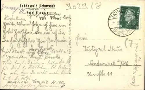 Ak Schönwald im Schwarzwald, Hotel Hirschen