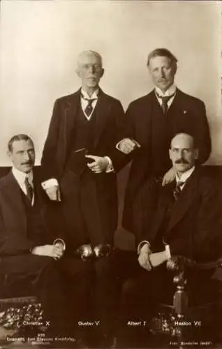 Ak König Gustav V von Schweden, Albert I v. Belgien, Haakon VII v. Norwegen, Christian X v. Dänemark