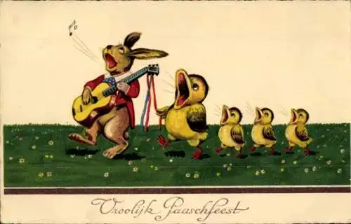 Ak Glückwunsch Ostern, Musizierender Osterhase, Singende Küken