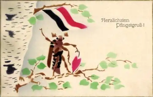Ak Glückwunsch Pfingsten, Maikäfer, Fahne, Birke