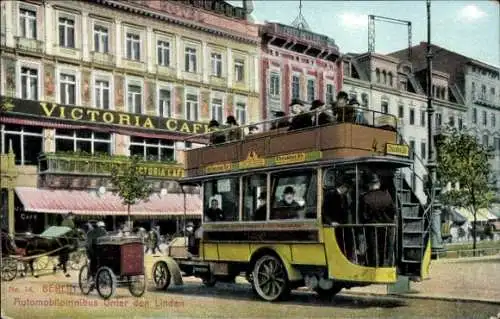 Künstler Ak Berlin Mitte, Unter den Linden, Doppeldecker-Bus, Kutsche, Victoria Café