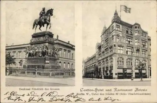 Ak Berlin Mitte, Carlton-Hotel und Restaurant Astoria, Unter den Linden 32, Denkmal