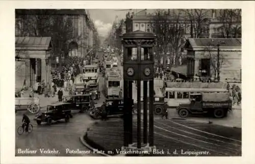 Ak Berlin Mitte, Potsdamer Platz, Verkehrsturm, Leipzigerstraße, Verkehr