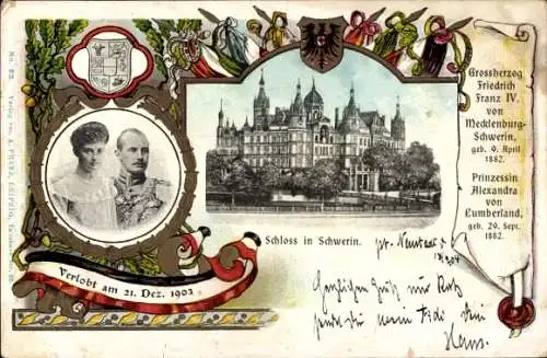 Passepartout Ak Schwerin Meckl., Schloss, Großherzog Friedrich Franz IV, Alexandra von Cumberland