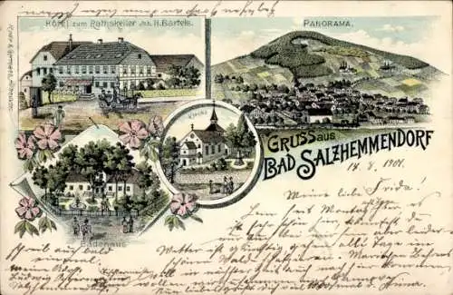 Litho Bad Salzhemmendorf Niedersachsen, Hotel zum Ratskeller, Kirche, Badehaus, Panorama