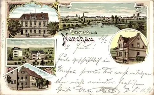 Litho Nerchau Grimma in Sachsen, Postamt, Wiesenbad, Beamtenschule, Stadthaus