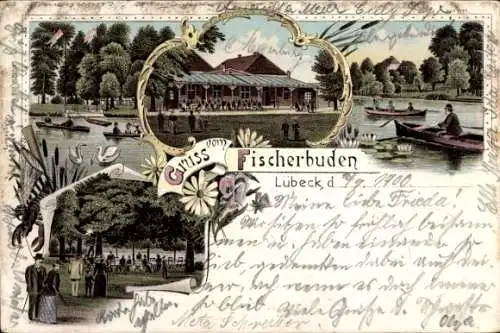 Litho Lübeck in Schleswig Holstein, Fischerbuden, Boote, Terrasse