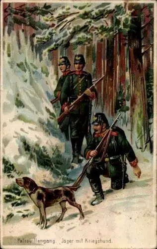 Litho Patrouillengang, Jäger mit Kriegshund, Kaiserreich, Soldaten, Winter