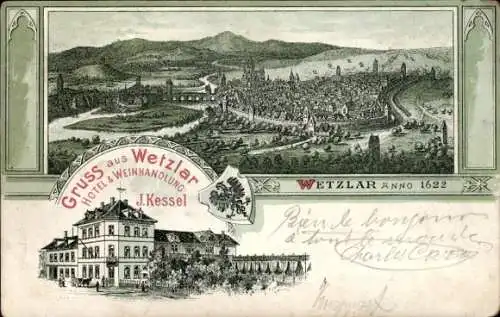 Litho Wetzlar an der Lahn, Stadtansicht Anno 1622, Hotel und Weinhandlung