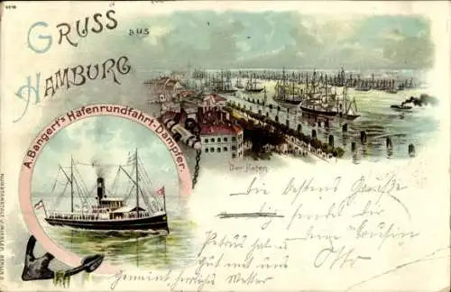 Litho Hamburg, Hafen, A. Bangert´s Hafenrundfahrt Dampfer