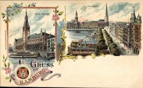 Litho Hamburg Altstadt, Neues Rathaus, Alsterdamm