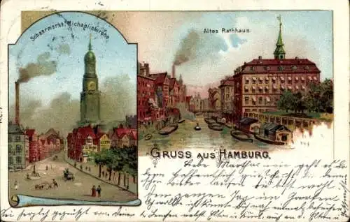 Litho Hamburg, Schaarmarkt mit Michaeliskirche, Altes Rathaus, Brücke und Boote