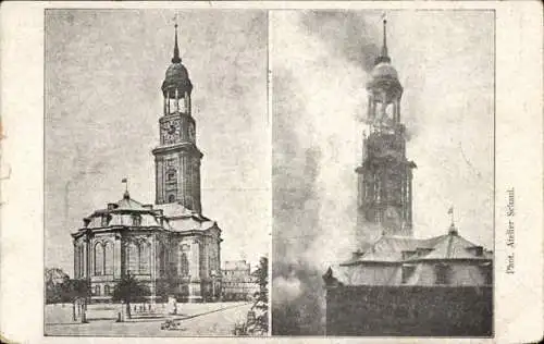 Ak Hamburg Mitte Neustadt, Michaeliskirche, Kirche St. Michaelis, Michel, Brand 1906