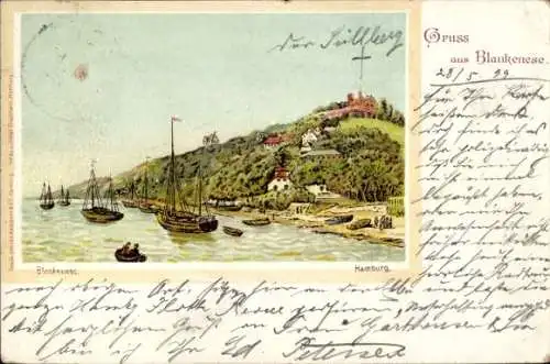 Litho Hamburg Altona Blankenese, Teilansicht, Boote, Süllberg