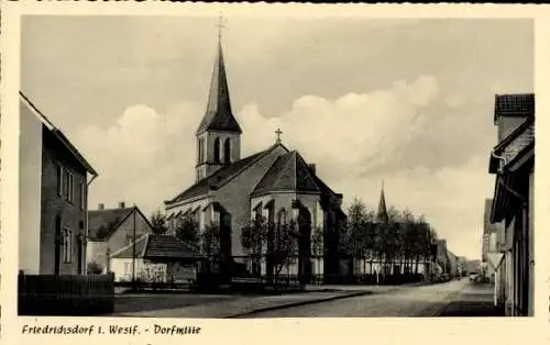 Ak Friedrichsdorf Gütersloh in Westfalen, Dorfmitte, Kirche