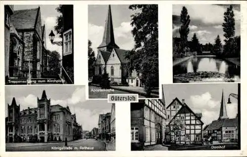 Ak Gütersloh, Treppenaufgang, Apostelkirche, Garten,Dom