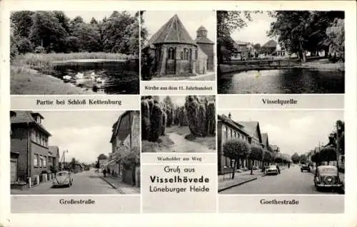 Ak Visselhövede in Niedersachsen, Visselquelle, Kirche, Goethestraße, Wacholder, Großestraße