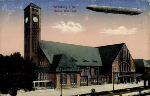 Ak Oldenburg in Oldenburg, Neuer Bahnhof, Zeppelin