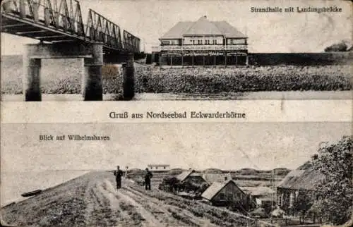 Ak Eckwarderhörne Butjadingen Wesermarsch, Strandhalle, Landungsbrücke, Wilhelmshaven