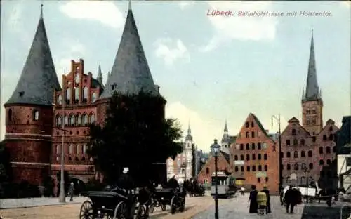 Ak Hansestadt Lübeck, Bahnhofstraße, Holstentor