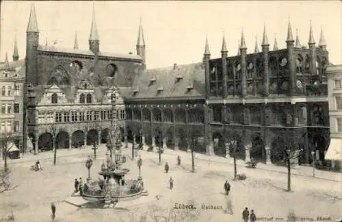 Ak Hansestadt Lübeck, Rathaus, Brunnen