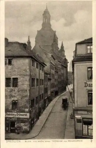 Ak Dresden, Blick von der Brühl'schen Terrasse auf die Frauenkirche, Geschäfte