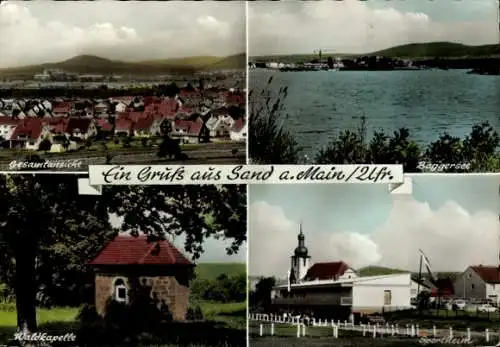 Ak Sand am Main Unterfranken, Gesamtansicht, Baggersee, Sportheim, Waldkapelle