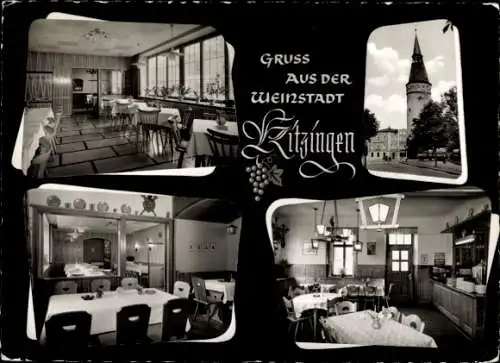 Ak Kitzingen in Mainfranken Bayern, Hotel Würzburger Hof, Gastraum, Turm