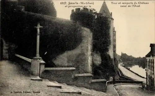 Ak Josselin Morbihan, Turm und Stadtmauer des Schlosses, Oust-Kanal