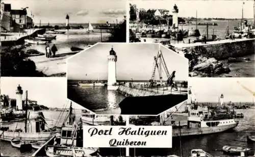 Ak Quiberon Morbihan, Port Haliguen, Hafeneinfahrt, Leuchtturm, Einschiffung nach Belle-Ile