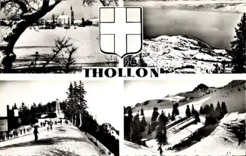 Ak Thollon Haute Savoie, Gesamtansicht, Panorama, Schnee, Skifahrer, Wappen