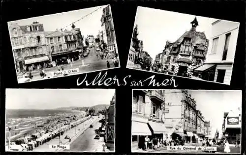 Ak Villers sur Mer Calvados, Place J. D'Arc, Plage, Rue du General de Gaulle