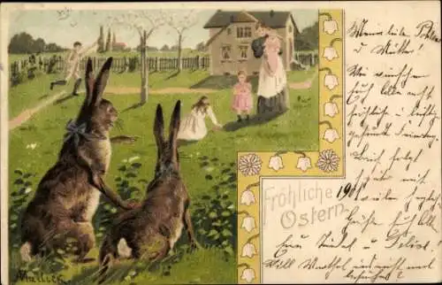 Künstler Litho Mailick, Glückwunsch Ostern, Osterhasen, Kinder, Wohnhaus