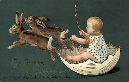 Präge Litho Glückwunsch Ostern, Osterhasen, Kind in Eierschale