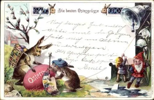 Litho Glückwunsch Ostern, Osterhasen bemalen Osterei, Zwerge läuten Glocke, Weidenkätzchen