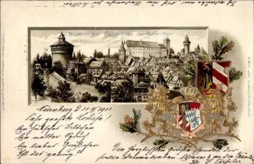 Präge Wappen Litho Nürnberg in Mittelfranken Bayern, Panorama vom Hallertor