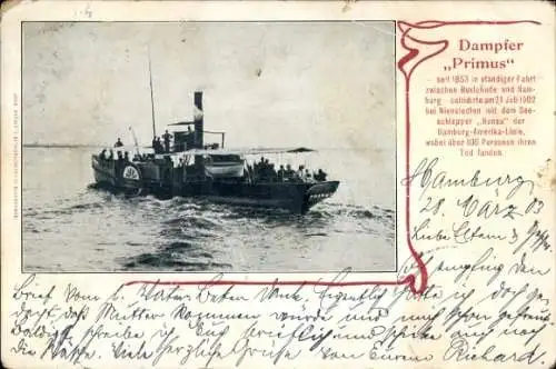 Ak Dampfer Primus, Fahrt zwischen Buxtehude und Hamburg, 21. Juli 1902 verunglückt