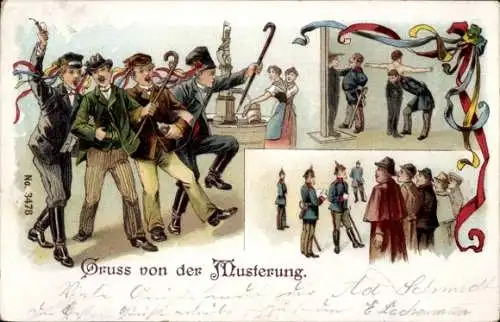 Litho Gruß von der Musterung, Rekruten, Abmessung