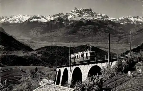 Ak Leysin Kanton Waadt, Les Dents du Midi, Straßenbahn