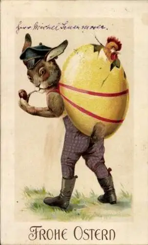 Ak Frohe Ostern, Osterhase mit Pfeife trägt Osterei, Huhn