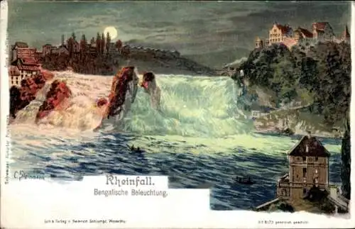 Künstler Ak Steinmann, Rheinfall Kanton Schaffhausen, Wasserfall, Schloss, Bengalische Beleuchtung