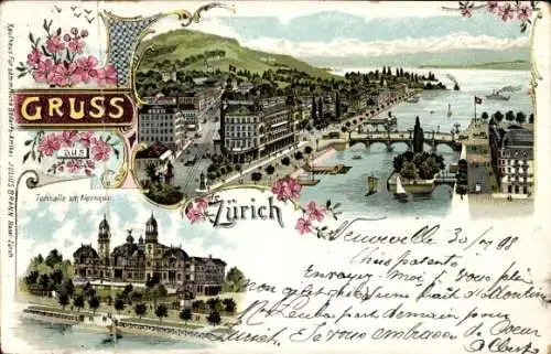 Litho Zürich Stadt Schweiz, Tonhalle am Alpenquai, Brücke, Gebäude