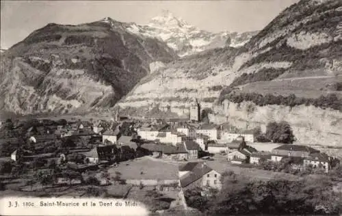 Ak Saint Maurice Kanton Wallis, Gesamtansicht, Dent du Midi