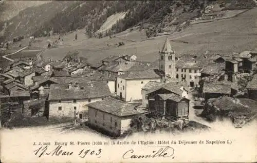 Ak Bourg Saint Pierre Kt. Wallis Schweiz, Eglise, Hotel du Dejeuner de Napoleon I, Ortsansicht